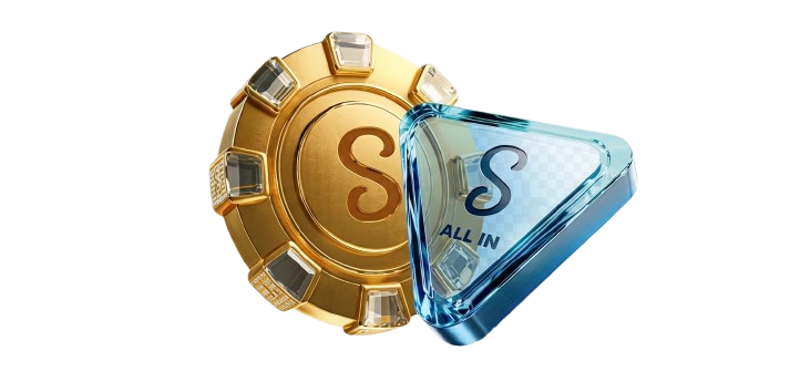투명 배경의 스테이크(Stake) 로고가 새겨진 프리미엄 골드 칩과 블루 크리스탈 'ALL IN' 토큰 3D 이미지